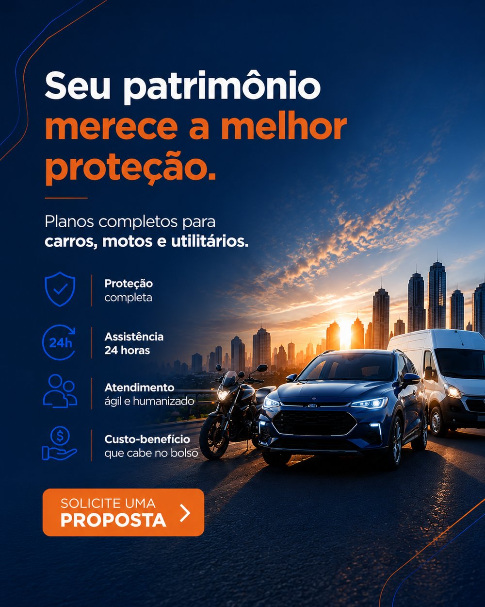 Seu patrimônio merece a melhor proteção. Planos completos para carros, motos e utilitários. Solicite uma proposta.