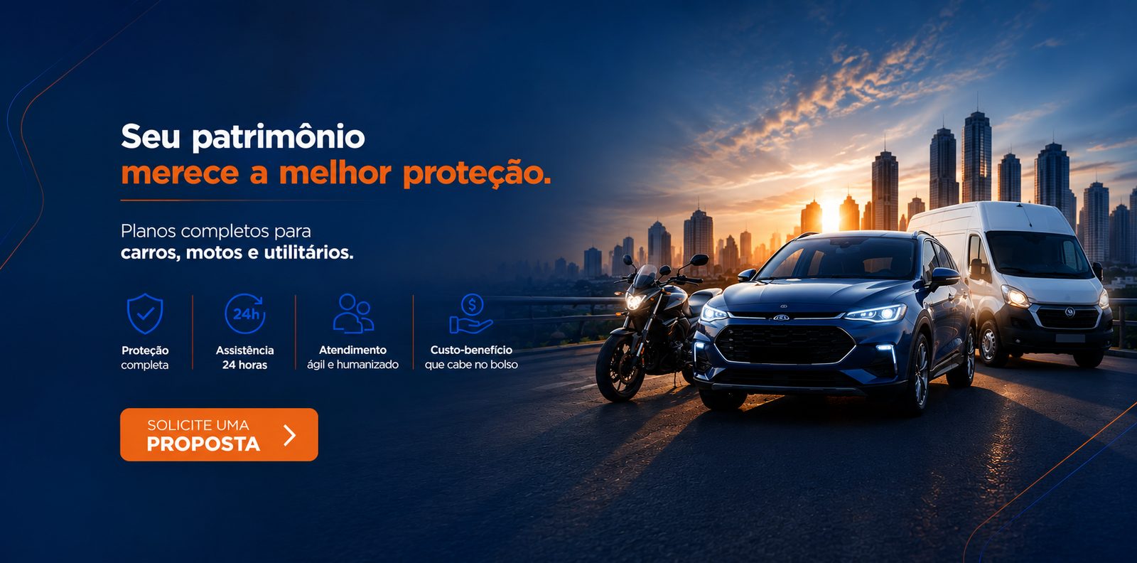 Seu patrimônio merece a melhor proteção. Planos completos para carros, motos e utilitários. Solicite uma proposta.